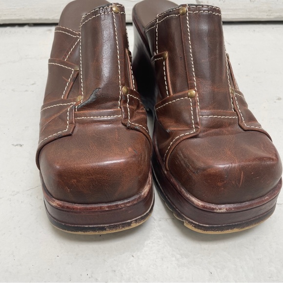 Vintage Soda Brown Chunky Leather Heel platform patchwork Womens US 9 Shoes Mule - Picture 3 of 14